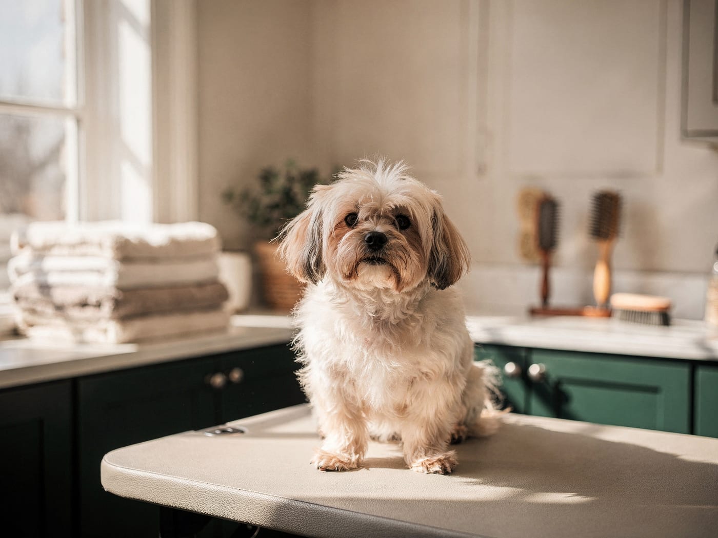 A calm, freshly brushed dog sitting contentedly on a grooming table in soft window light
