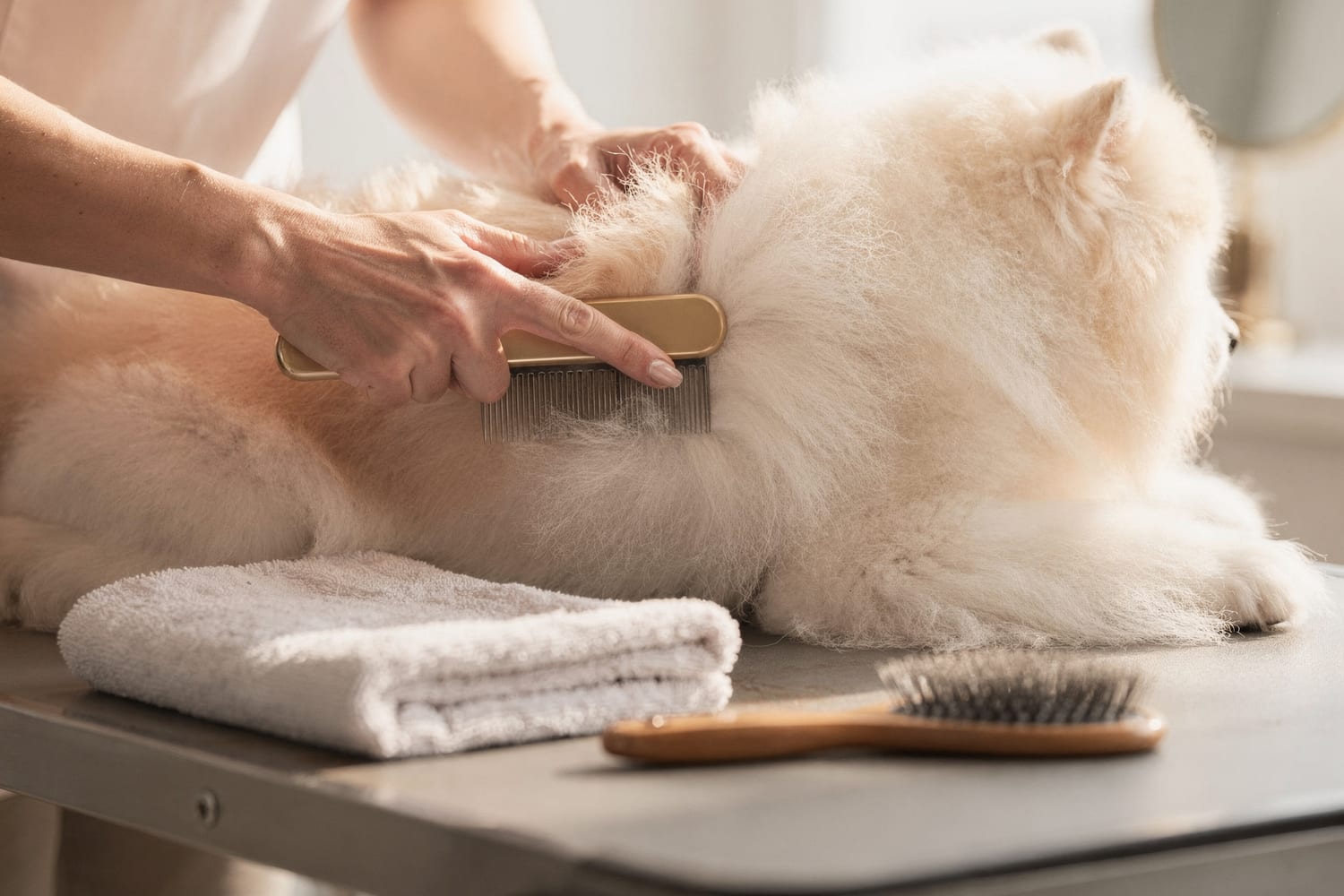 Gentle hands brushing out a clean, fluffy dog's coat