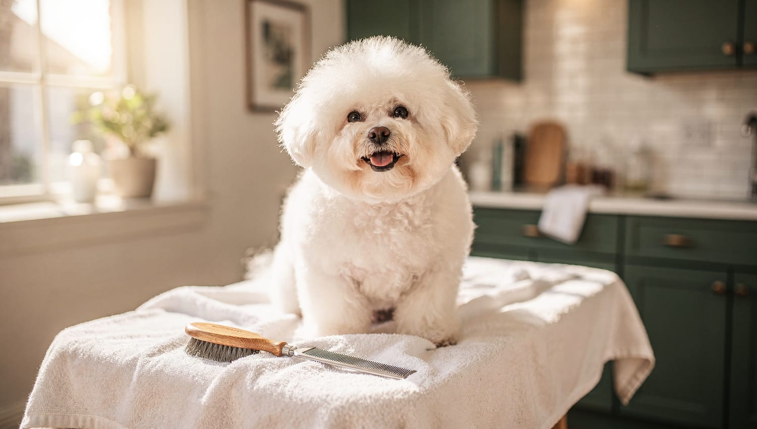 A freshly groomed, happy fluffy dog looking bright and content after a bath