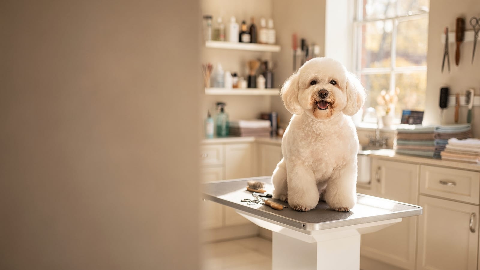 A freshly groomed white dog sitting happily on a grooming table in a bright, airy Littleton salon