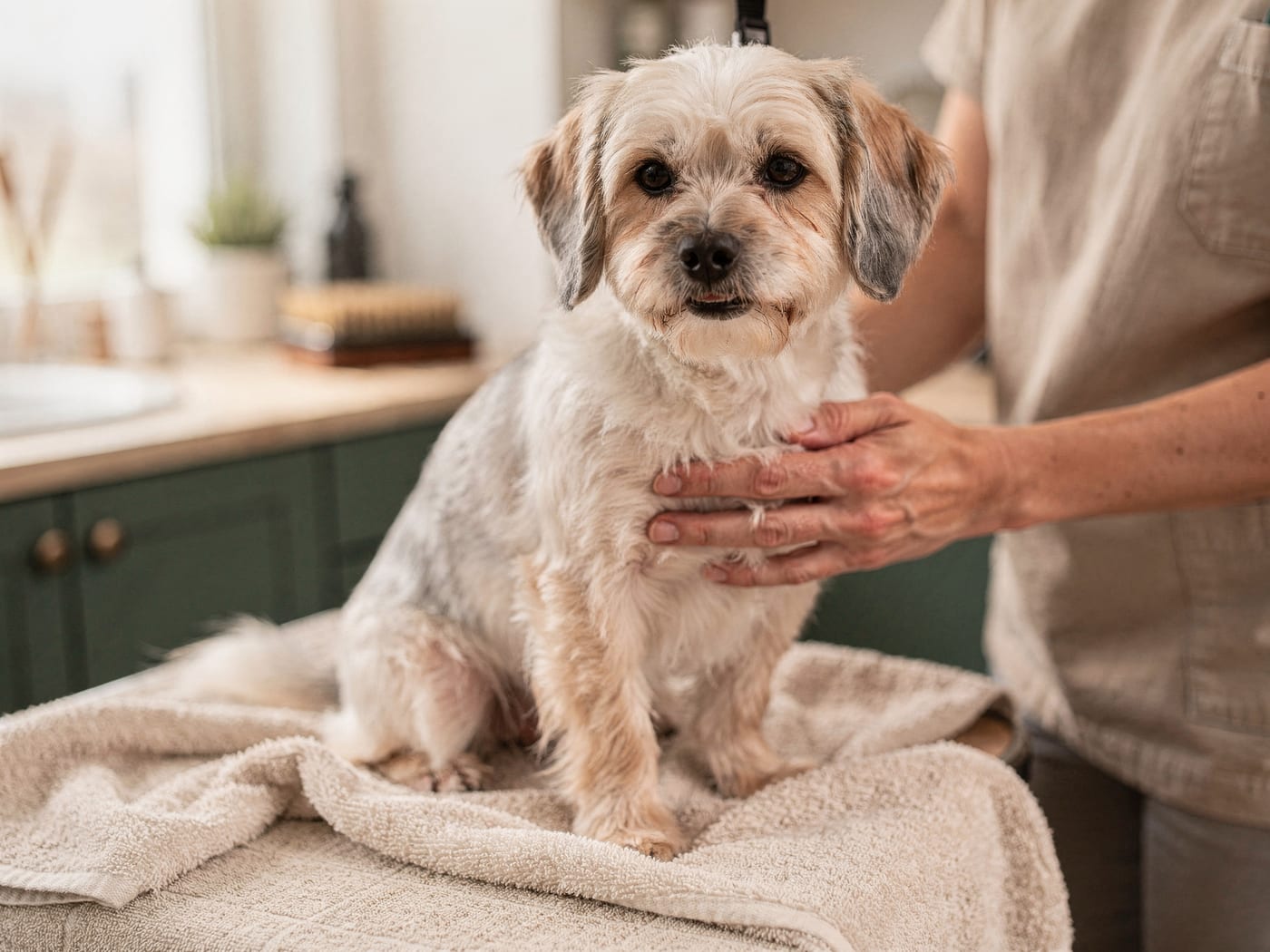 A groomer's calm hands resting gently on a relaxed, trusting dog
