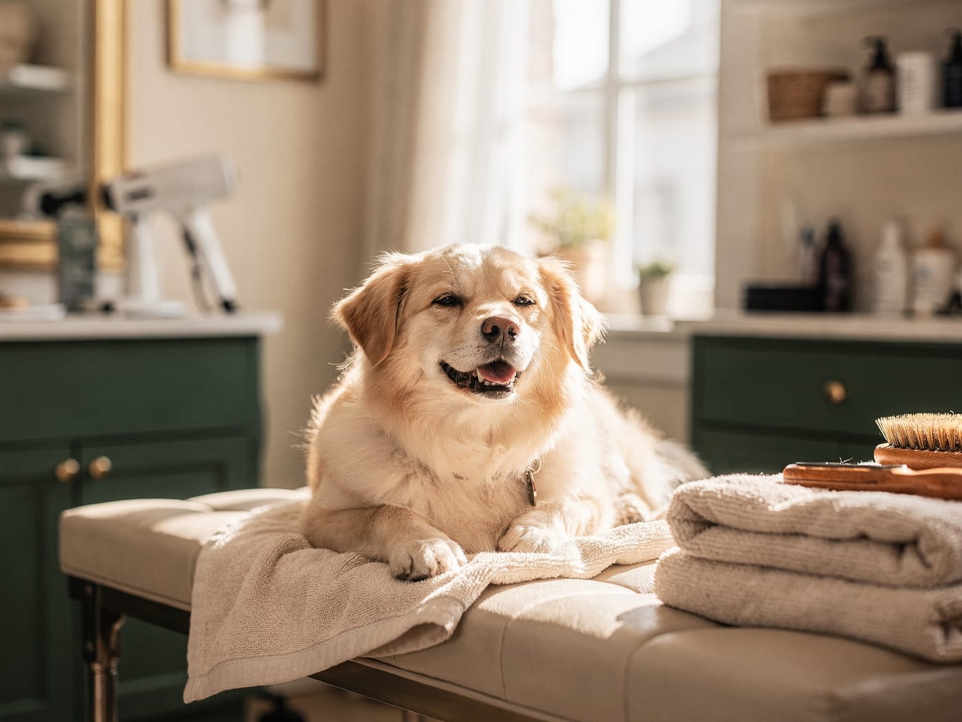 A content, freshly groomed dog resting calmly at the end of its visit